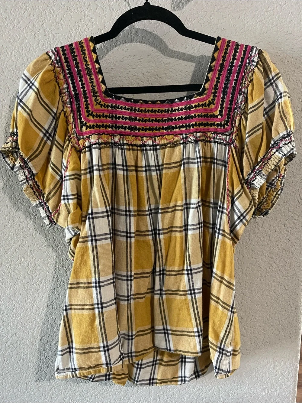 Sister Mary Yellow Plaid Embroidered Square-Neck Women's Top